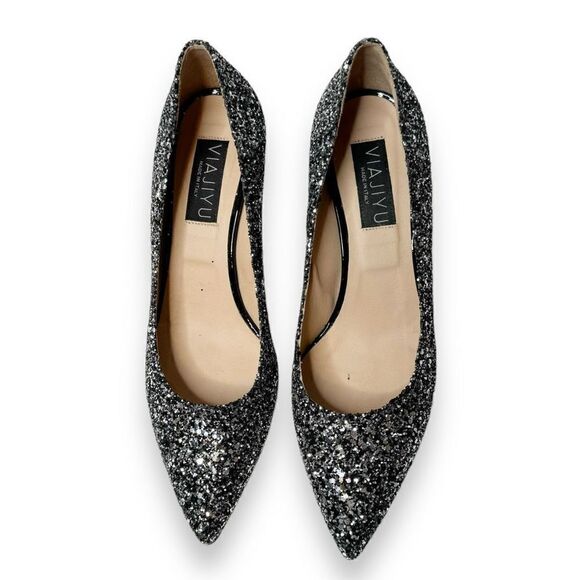 Viajiyu Trento Pointed Toe Pewter Silver Glitter Patent Black Wedge Size 37/6.5 - Picture 3 of 7